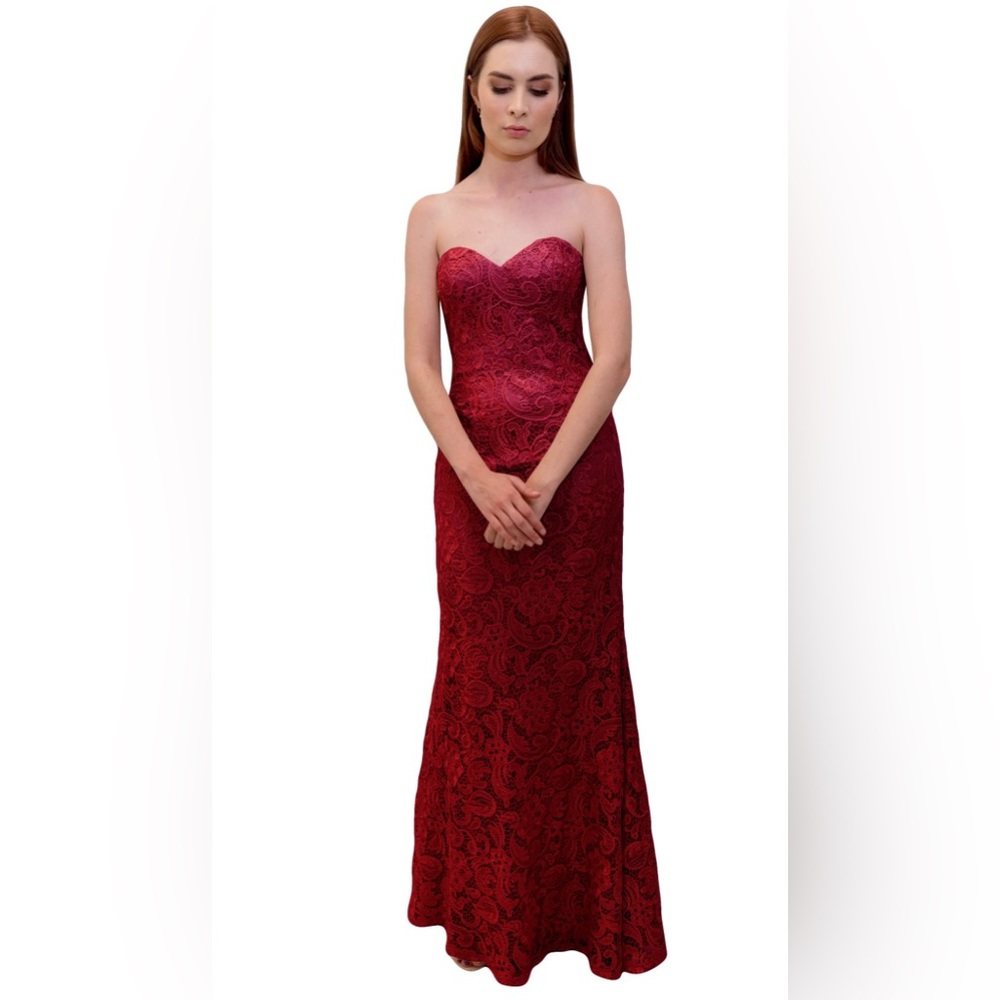 BARIANO burgundy lace strapless gown/prom dress